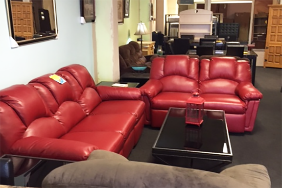 photo of red leather living room set
